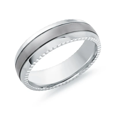 Men's Stainless Steel Ring with Brushed Center and Textured Edges – 6.5mm. Color: silver | Doucet Latendresse