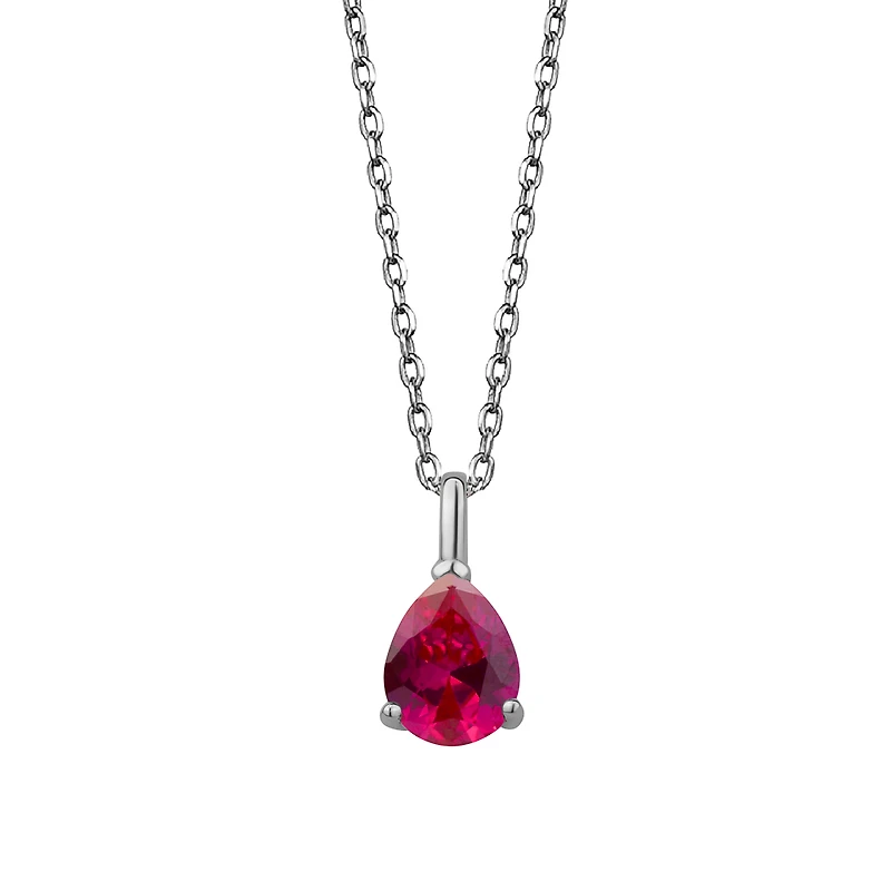 Sterling Silver Lab Ruby Pendant Necklace - Teardrop Charm - 18