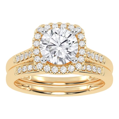 Ensemble Fiançailles en Or Jaune avec Diamant de Laboratoire, Halo et Anneau Pavé. Color: jaune | Doucet Latendresse