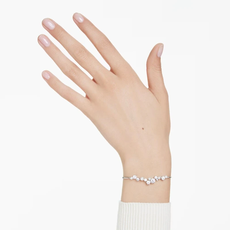 Constella Bangle in Rhodium-Plated Metal with Pearls and Swarovski Crystals - 9.5