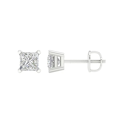 14K White Gold Stud Earrings with Princess-Cut Lab-Grown Diamond. Color: white | Doucet Latendresse