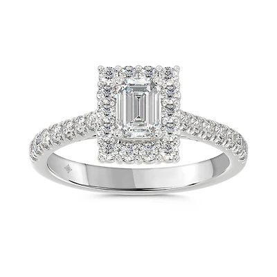 Bague de Fiançailles Halo avec Diamant de Laboratoire Taille Émeraude en Or Blanc 14K. Color: blanc | Doucet Latendresse