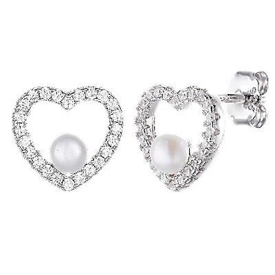 Sterling Silver Cubic Zirconia and Pearl Stud Earrings - Heart Shaped. Color: silver | Doucet Latendresse