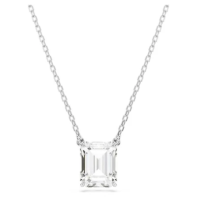 Rhodium-Plated Emerald-Cut Crystal Pendant Necklace. Color: white | Doucet Latendresse
