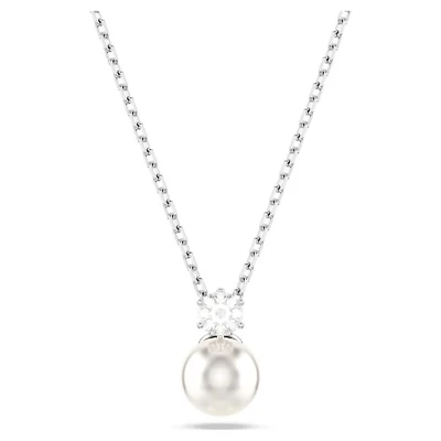 Rhodium Plated Necklace with Crystal and Pearl Pendant. Color: white | Doucet Latendresse