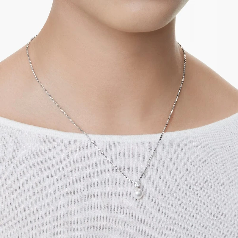 Collier Matrix en Métal Rhodié avec Perle et Cristal Swarovski - 38 - 45 cm. Color: blanc | Doucet Latendresse