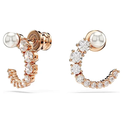 Matrix Hoop Earrings in Rose Gold Plated Metal with Pearl and Swarovski Crystals - 1.4 x 1.3 cm. Color: pink | Doucet Latendresse