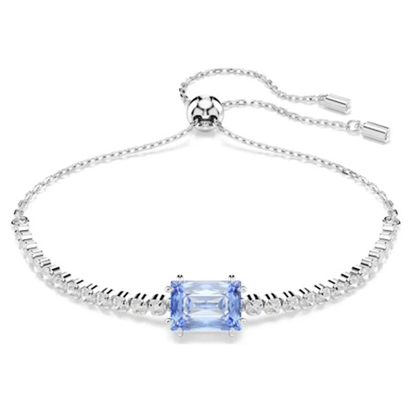 Rhodium Plated Bracelet with Emerald Cut Blue Crystal - 9.5