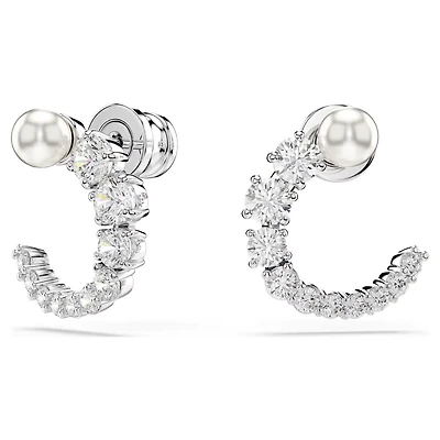 Matrix Hoop Earrings in Rhodium-Plated Metal with Pearl and Swarovski Crystals - 1.4 x 1.3 cm. Color: white | Doucet Latendresse