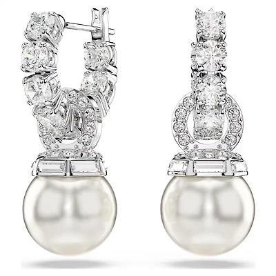 Rhodium Plated Pearl and Crystal Drop Earrings. Color: white | Doucet Latendresse