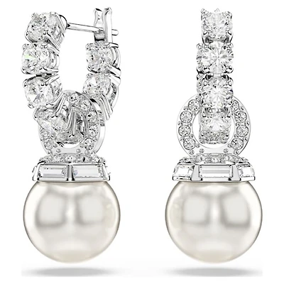 Boucles d’Oreilles Pendantes avec Perle et Cristaux Plaquées Rhodium. Color: blanc | Doucet Latendresse