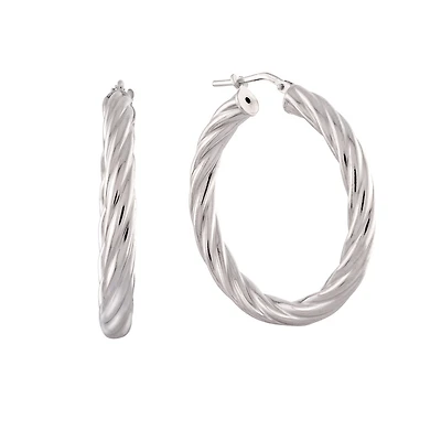 Sterling Silver Twisted Hoop Earrings – Rhodium Finish. Color: white | Doucet Latendresse