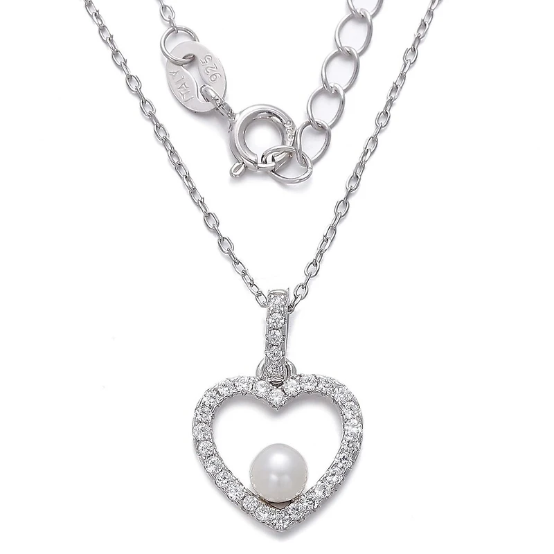 Collier Cœur en Argent Sterling avec Perle d’Eau Douce et Zircon Cubique. Color: blanc | Doucet Latendresse