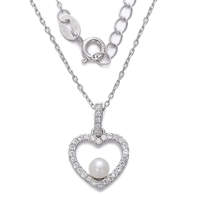 Sterling Silver Heart Necklace with Freshwater Pearl and Cubic Zirconia. Color: white | Doucet Latendresse