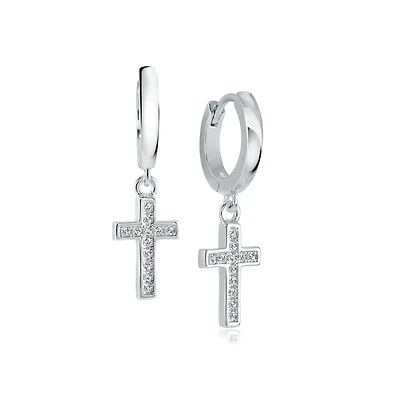 Stainless Steel Drop Earrings with Cubic Zirconia Cross Charms. Color: white | Doucet Latendresse