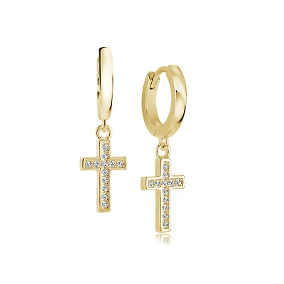 Gold Tone Stainless Steel Drop Earrings with Cubic Zirconia Cross Charms. Color: yellow | Doucet Latendresse
