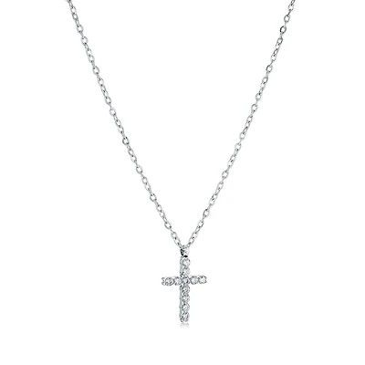 Stainless Steel Cross Pendant Necklace with Cubic Zirconia – 16