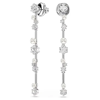 Constella Drop Earrings in Rhodium-Plated Metal with Pearls and Swarovski Crystals - 6 x 0.5 cm. Color: white | Doucet Latendresse