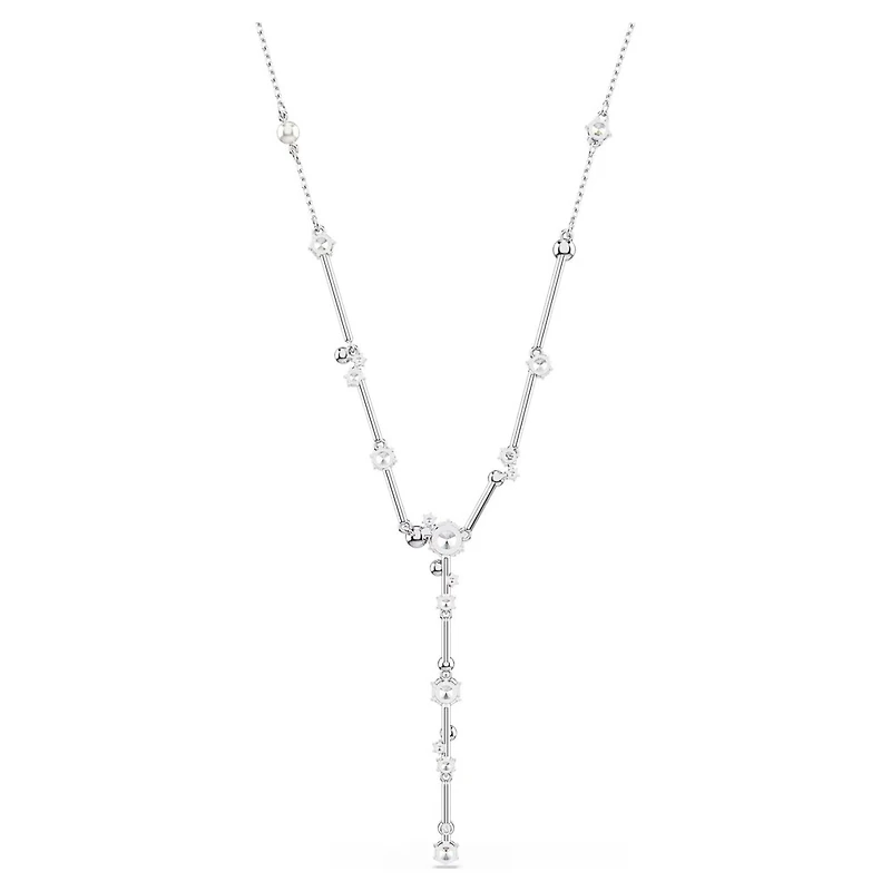 Collier en Y Constella en Métal Rhodié avec Perles et Cristaux Swarovski - 38 - 48 cm. Color: blanc | Doucet Latendresse