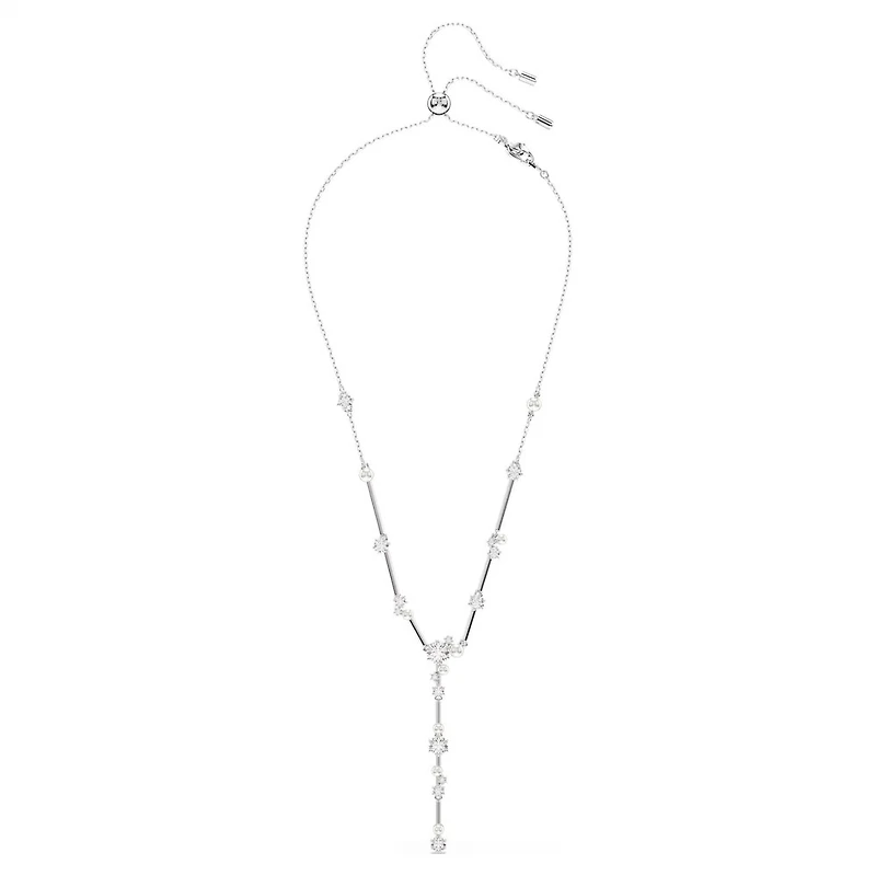 Collier en Y Constella en Métal Rhodié avec Perles et Cristaux Swarovski - 38 - 48 cm. Color: blanc | Doucet Latendresse