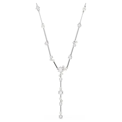Constella Y Necklace in Rhodium-Plated Metal with Pearls and Swarovski Crystals - 38 - 48 cm. Color: white | Doucet Latendresse