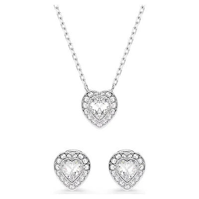 Rhodium Plated Heart Necklace and Stud Earrings Set with Crystals. Color: white | Doucet Latendresse