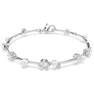 Stainless Steel Crystal & Pearl Station Bracelet – Adjustable. Color: white | Doucet Latendresse
