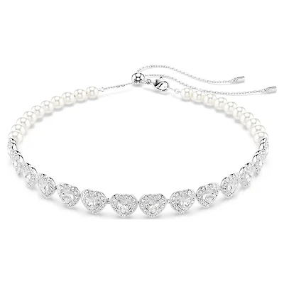 Rhodium Plated Crystal Heart & Pearl Choker Necklace. Color: white | Doucet Latendresse