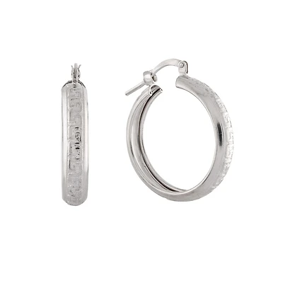 Rhodium Plated Silver Greek Key Hoop Earrings. Color: white | Doucet Latendresse