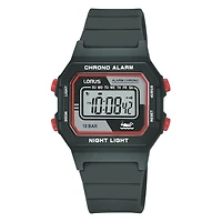 Montre Numérique Lorus avec Chrono et Alarme – 31mm, Résine Noire, Résistante à l’Eau 100M | Doucet Latendresse