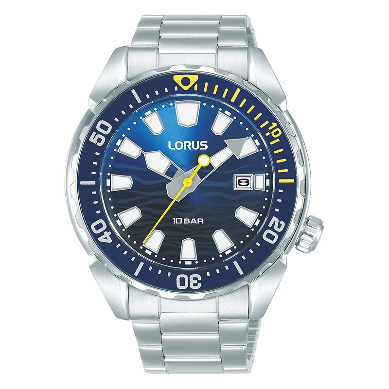 Montre Style Plongeur Lorus à Cadran Bleu avec Bracelet en Acier Inoxydable – 41mm, Résistante à l’Eau 100M | Doucet Latendresse