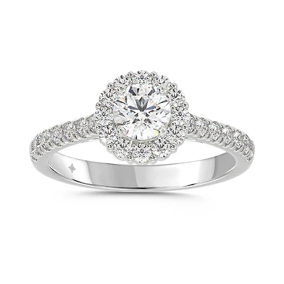 Bague de Fiançailles Halo en Or Blanc 14K avec Diamant de Laboratoire Rond et Anneau Pavé. Color: blanc | Doucet Latendresse