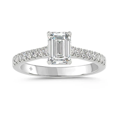 Bague de Fiançailles en Or 14K avec Diamant de Laboratoire Taille Émeraude et Anneau Pavé. Color: blanc | Doucet Latendresse