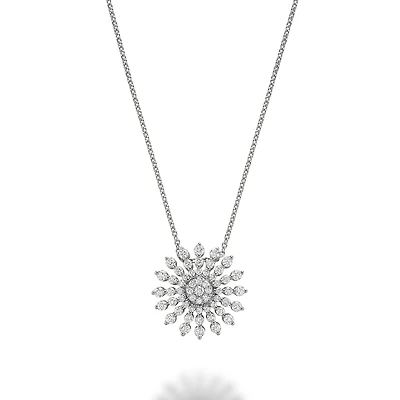 14K White Gold Sunburst Diamond Pendant Necklace. Color: white | Doucet Latendresse