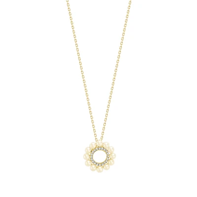 14K Gold Pearl and Diamond Halo Circle Pendant Necklace. Color: yellow | Doucet Latendresse