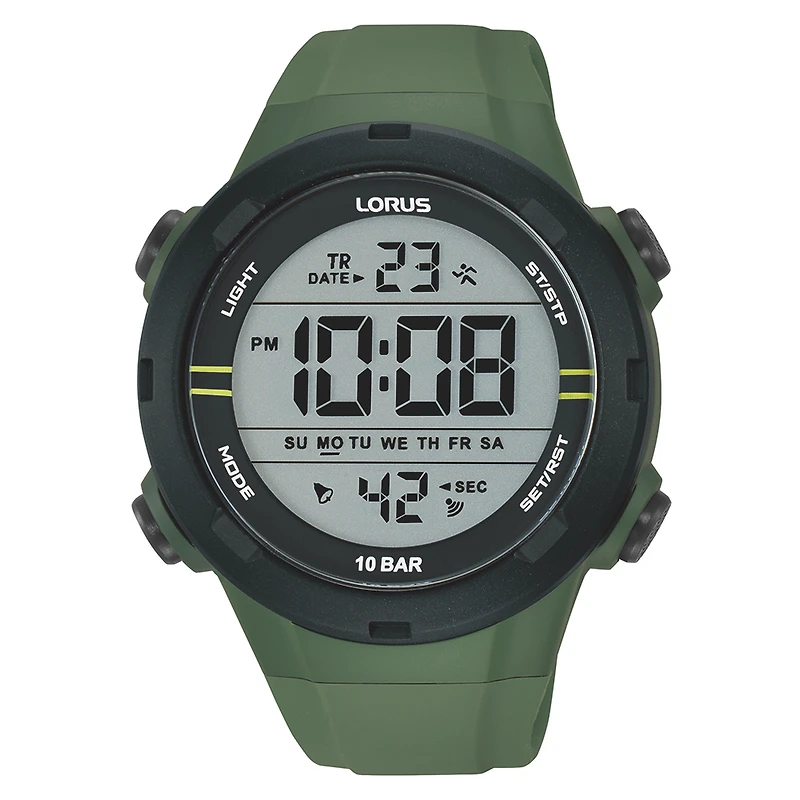 Montre Digitale Lorus avec Bracelet Vert en Silicone – Lunette Noire 46 mm | Doucet Latendresse