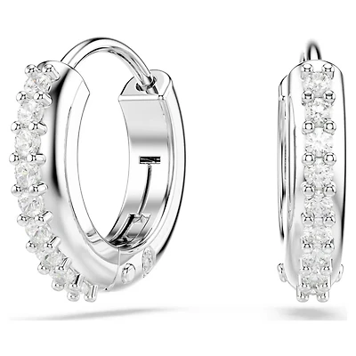 Dexterity Rhodium Plated Crystal Huggie Hoop Earrings - 1.1 x 0.3 cm. Color: white | Doucet Latendresse