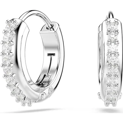 Swarovski Dexterity Rhodium Plated Crystal Huggie Hoop Earrings. Color: white | Doucet Latendresse