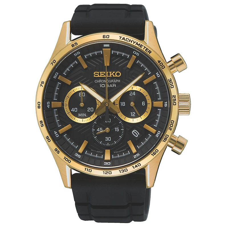 Seiko Gold-Tone Chronograph Watch – 42 mm Black Dial, Black Silicone Strap, Tachymeter | Doucet Latendresse
