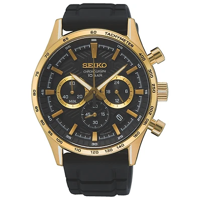 Seiko Gold-Tone Chronograph Watch – 42 mm Black Dial, Black Silicone Strap, Tachymeter | Doucet Latendresse