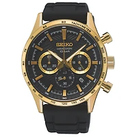 Seiko Gold-Tone Chronograph Watch – 42 mm Black Dial, Black Silicone Strap, Tachymeter | Doucet Latendresse