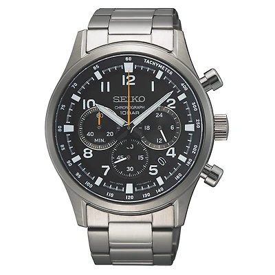 Montre Chronographe Seiko en Acier Inoxydable – 42 mm, Cadran Noir, Bracelet Acier Inoxydable, Tachymètre | Doucet Latendresse