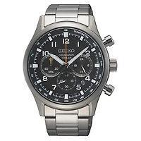 Montre Chronographe Seiko en Acier Inoxydable – 42 mm, Cadran Noir, Bracelet Acier Inoxydable, Tachymètre | Doucet Latendresse