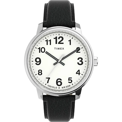 Timex Easy Reader Watch – 38mm White Dial, Black Leather Strap | Doucet Latendresse
