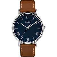 Montre Timex Metropolitan – 34mm, Cadran Bleu, Bracelet en Cuir Brun | Doucet Latendresse