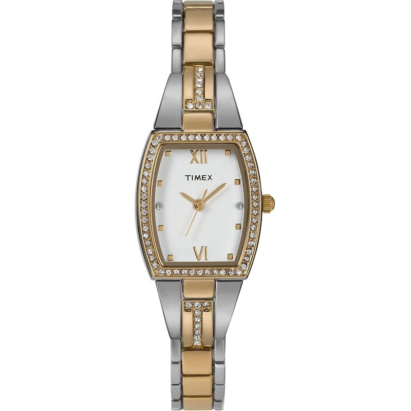 Timex Two-Tone Crystal Accent Watch – 20mm White Dial, Tonneau Case | Doucet Latendresse