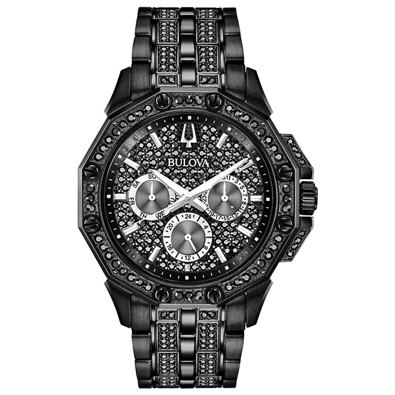 Bulova – Montre Chronographe en Acier Inoxydable Plaqué Noir 44mm avec Cadran à Cristaux Noirs | Doucet Latendresse