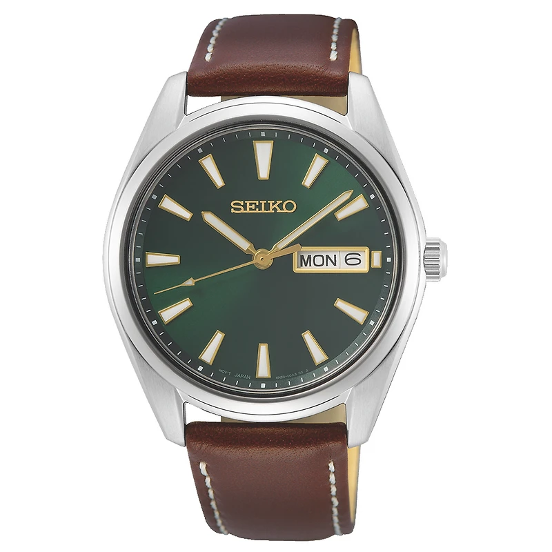 Seiko Green Dial Stainless Steel Watch with Brown Leather Strap – 40mm | Doucet Latendresse
