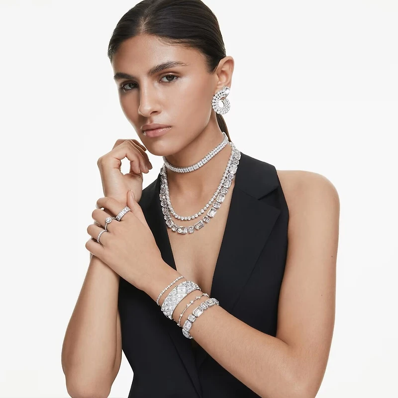 Collier Tennis Matrix en Métal Rhodié avec Perles et Cristaux Swarovski - 44cm. Color: blanc | Doucet Latendresse