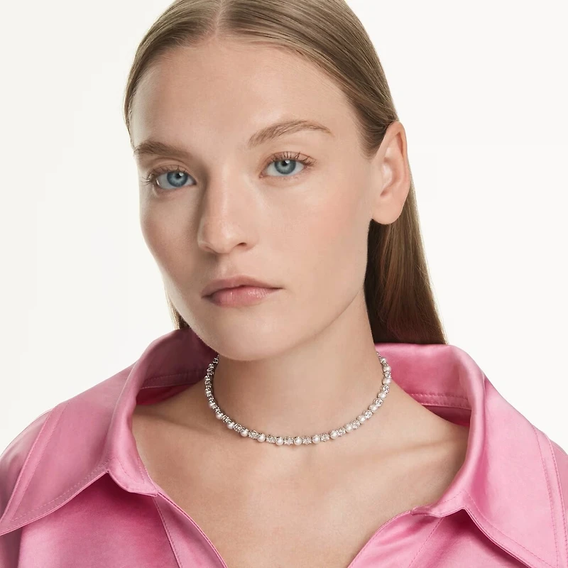 Collier Tennis Matrix en Métal Rhodié avec Perles et Cristaux Swarovski - 44cm. Color: blanc | Doucet Latendresse